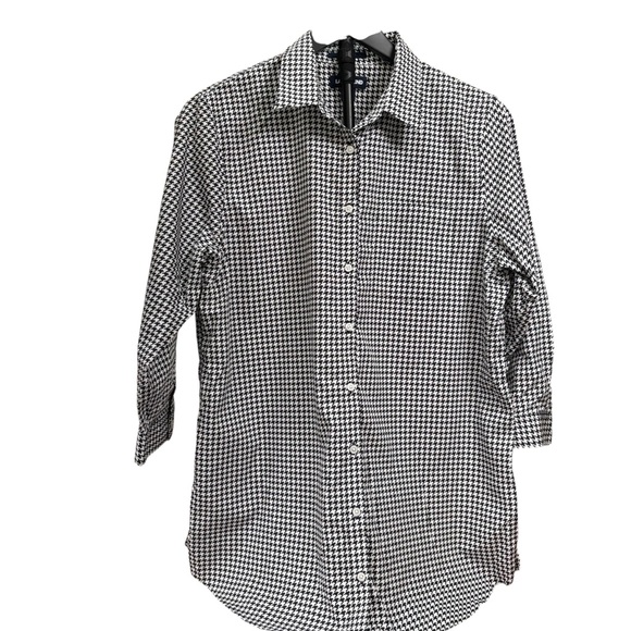 Land’s End Black/White Houndstooth Button-Up Women’s Size 14 Shirt Rolled Sleeve - Picture 2 of 9